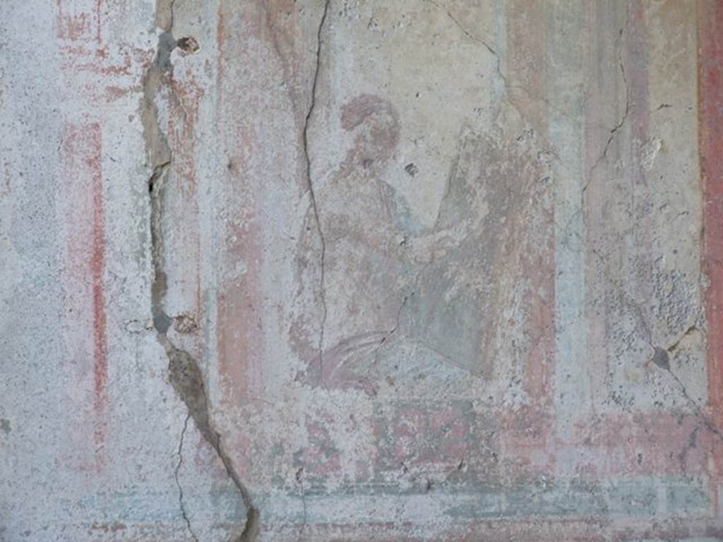 VII.2.16 Pompeii. March 2009. Room 17, north end of east wall of exedra, with remains of wall painting of Muse Calliope or Clio painting.