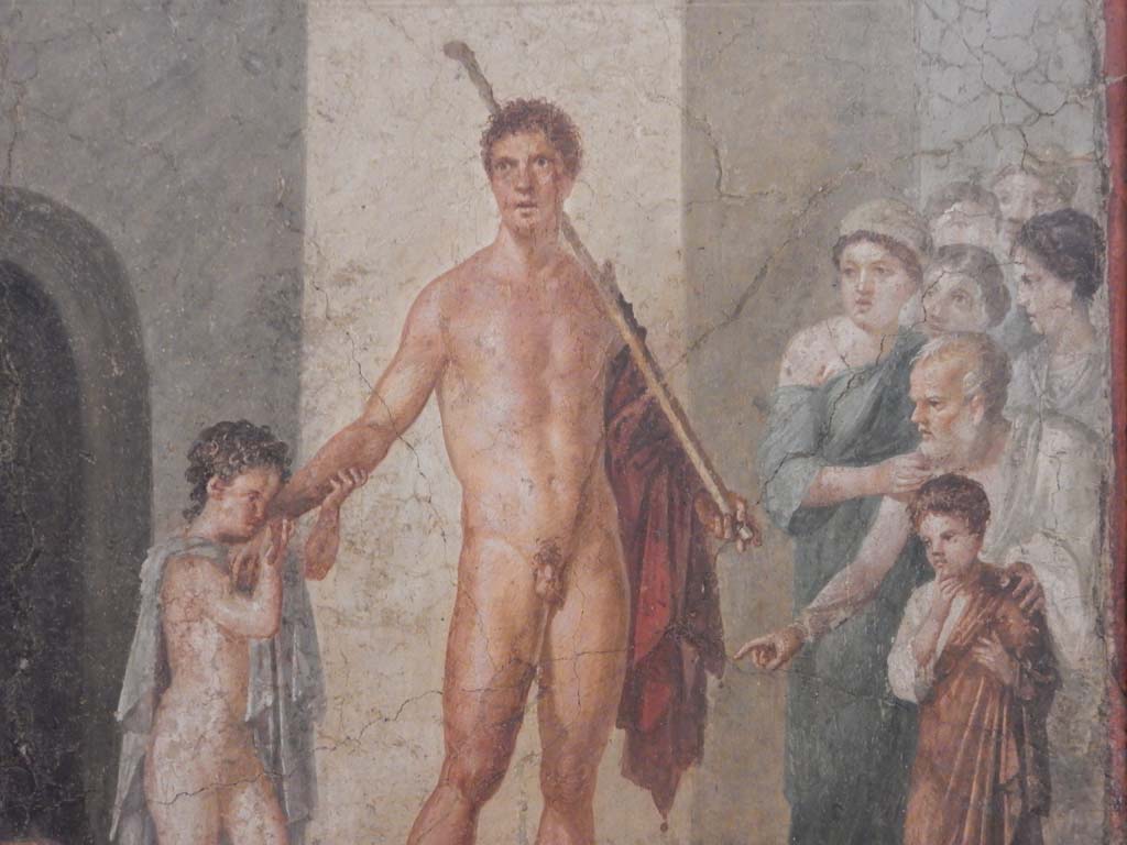 VII.2.16 Pompeii. June 2019. Room 17, detail from painting of Theseus from east wall of exedra.  
Photo courtesy of Buzz Ferebee.
