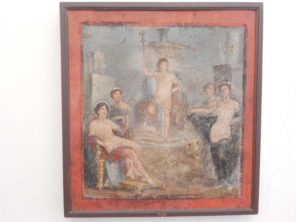 VII.2.16 Pompeii. June 2019. Room 17, south wall of exedra.  
Wall painting of the contest between Venus and Hesperus.   
Apollo the judge is sitting on the left.
Now in Naples Archaeological Museum. Inventory number: 9449.
Photo courtesy of Buzz Ferebee.
