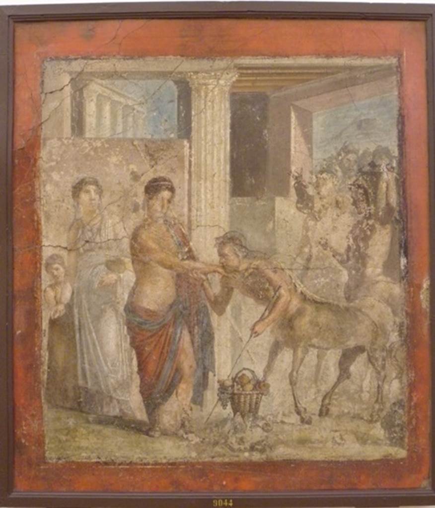 VII.2.16 Pompeii.  Room 17.  Exedra.  West wall.  Wall painting of the wedding of Pirithous and Hippodamia.  Pirithous is receiving homage from one of the centaurs who are guests at the wedding.  Later at the wedding the Battle of Lapiths and Centaurs took place.  Now in Naples Archaeological Museum.  Inventory number: 9044.