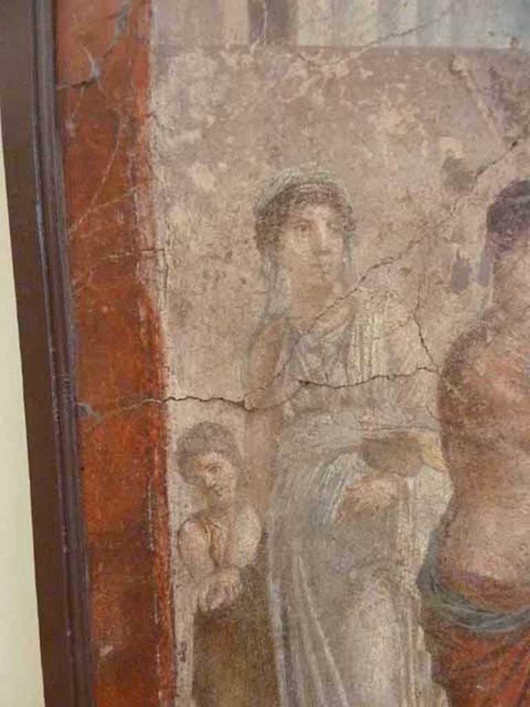 VII.2.16 Pompeii. Room 17, detail from painting on west wall of exedra.  
The bride Hippodamia and a hand maid.
