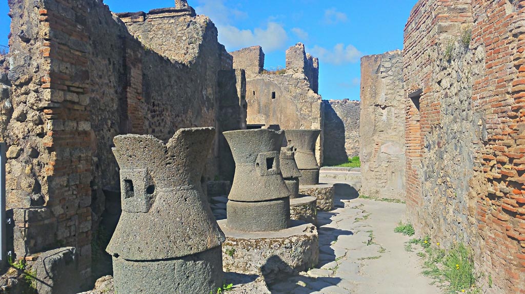 VII.2.22 Pompeii. 2017/2018/2019.
Looking west along line of mills towards entrance doorway on Vico Storto. Photo courtesy of Giuseppe Ciaramella.