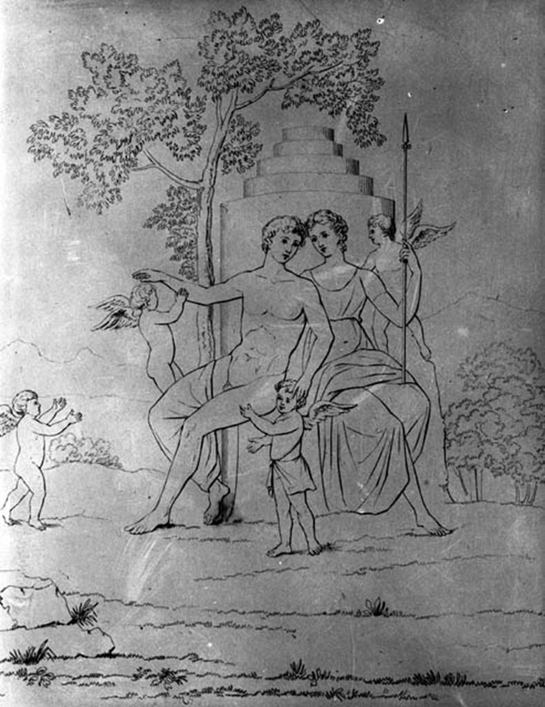231144 Bestand-D-DAI-ROM-W.14.jpg
VII.4.10 Pompeii. W.14. Drawing of painting of Adonis and Venus with three cupids.
According to Bragantini, this was found in oecus (8), a room on the north of the entrance corridor.
See Gell, W, 1832. Pompeiana: Vol 2. London: Jennings and Chaplin. (p.66, pl. XII)
See Helbig, W., 1868. Wandgemälde der vom Vesuv verschütteten Städte Campaniens. Leipzig: Breitkopf und Härtel. (339)