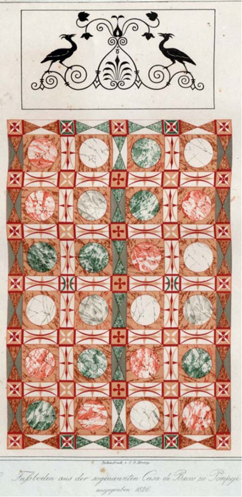 VII.4.10 Pompeii. c.1820’s. Marble floor of this house, and picture (? threshold) of cranes as drawn by Zahn.
See Zahn, W., 1828. Die schönsten Ornamente und merkwürdigsten Gemälde aus Pompeji, Herkulanum und Stabiae: I. Berlin: Reimer. (Pl.87)