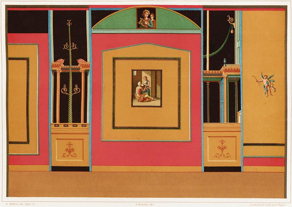 VII.4.10 Pompeii. Painting by Niccolini of the long wall of the atrium with central painting of Cimon and Pero.
See Niccolini, F., 1890. Le Case ed i Monumenti di Pompei: Book 3, (Tav. XXIX but shown as Tav. XXVIX.)