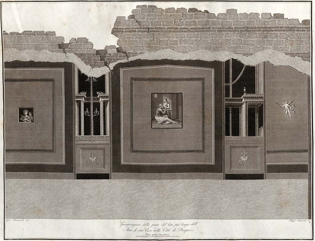 VII.4.10 Pompeii. 1838.
Painting by Giuseppe Chiantarelli of wall of a long wall of an atrium with the painting of Cimon and Pero in centre.
See Gli ornati delle pareti ed i pavimenti delle stanze dell'antica Pompei incisi in rame: 1838, pl. 61.
(Note: This can also be seen in Gli ornati delle pareti ed i pavimenti delle stanze dell'antica Pompei incisi in rame: 1796, no.3).
According to Helbig 1868 p. 307 no. 1376 -
“Careli in the Relazione dei lavori dell' acc. ercol. eseguiti nell' a. 1829 p. 26 claimed that at the time he read this report there were two paintings in Naples which depicted Cimon being suckled by Pero. He described one as coming from Pompeii, the other from Herculaneum.
As far as my research has gone, I have only been able to find one painting in the museum that supposedly came from Pompeii and depicted this scene.
It is the painting I listed under no. 1376. The painting found in the Casa di Bacco (XVIII) was in any case different from this painting, of which Fiorelli P. a. II p. 169 (11 Aug. 1826) says "pare rappresenti la Carità romana".
The picture No. 1376 was already known in 1796, in which the Ornati delle pareti di Pompei appeared, while the Casa di Bacco was only excavated in 1826. The ambiguous way in which the excavation report described the representation of the painting makes it probable that the painting in the Casa di Bacco was already considerably destroyed when it was discovered. Presumably it was left to perish on the spot, like the other paintings in this house.
I have been unable to find any trace of the Herculaneum painting mentioned by Carelli.”