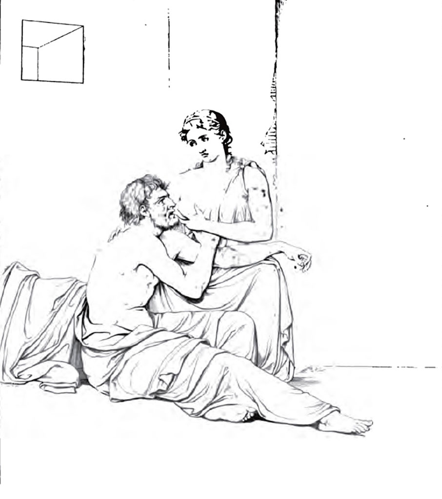 VII.4.10 Pompeii. 1824. Drawing of original painting of Pero (or Perona) and Cimon (or Micone).
Pero is presenting her breast to her aged father Cimon, condemned to die of hunger in prison.
The Roman Charity (or Carità Romana) is the exemplary story of a daughter, Pero, who secretly breastfeeds her father, Cimon, after he is incarcerated and sentenced to death by starvation.
She is found out by a jailer, but her act of selflessness impresses officials and wins her father's release.
See Helbig, W., 1868. Wandgemälde der vom Vesuv verschütteten Städte Campaniens. Leipzig: Breitkopf und Härtel. (p. 307, 1376).
See Real Museo Borbonico, 1824, Volume I, Table 5.