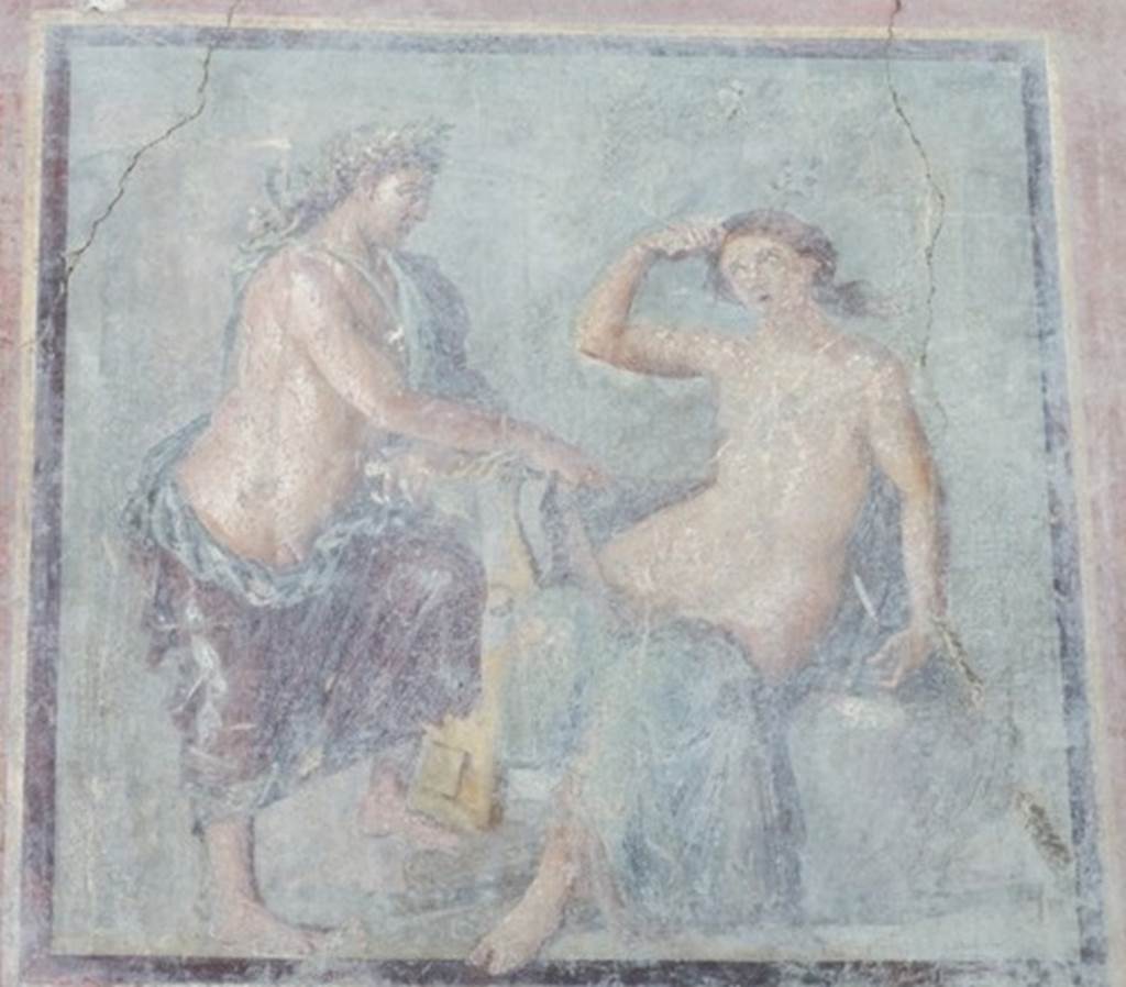 VII.4.31 Pompeii. March 2009. Room 6, west wall of ala. Wall painting of Apollo and Daphne. On the left is Apollo, on the right Daphne.