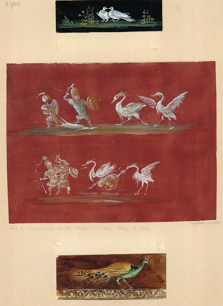VII.4.31/51 Pompeii. Room 21, two (centre) of the three panels of pygmies fighting with cranes.
DAIR.83,140. Photo © Deutsches Archäologisches Institut, Abteilung Rom, Arkiv. 138/202
The note directly under the pygmies painting attributes it to VII.4.51 cubiculum.
There is no attribution on the other two paintings to identify which house they may be from.