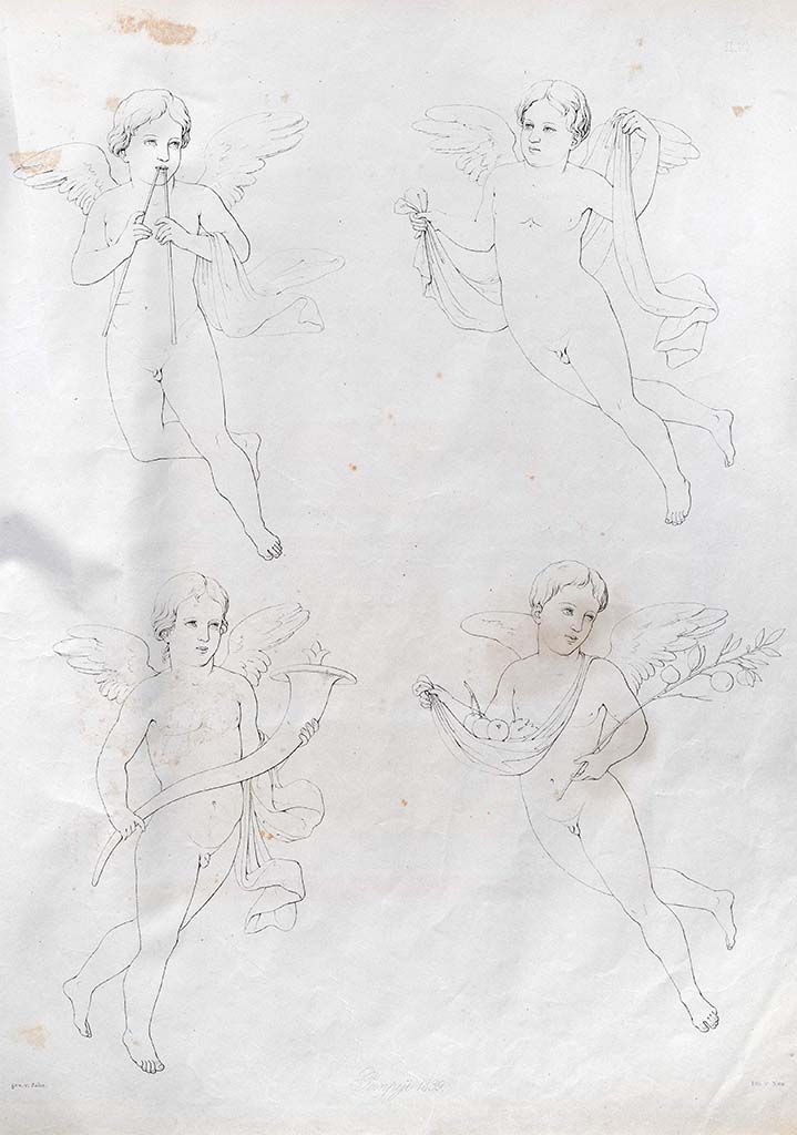 VII.4.48 Pompeii. 1839. Four flying figures, drawn by Zahn.
According to Zahn –
“These were found on a white background in a room to the left of the atrium, detached in the summer of the same year.
The wings of the cupids playing the pan-pipes were grey/violet, and his clothing was yellow.
The clothing of the other cupid, at the top, was violet.
The cupid carrying the golden horn of abundance, had blue clothing and the wings were of violet and yellow.
The wings of the fourth cupid were blue and green, the clothing with the fruits was white, yellow in the shadows.”
See Zahn, W., 1842-44. Die schönsten Ornamente und merkwürdigsten Gemälde aus Pompeji, Herkulanum und Stabiae: II. Berlin: Reimer, taf. 10.
(Note: Zahn said these figures were from a room on the left of the atrium, this would either mean our rooms 3, 4 or 5, none of which has any decoration left to be able to identify the correct room).