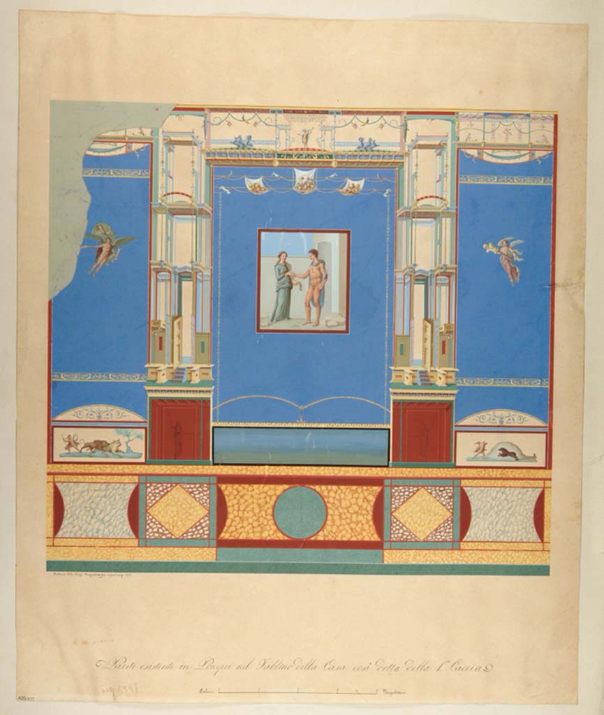 VII.4.48 Pompeii.
Painting by Antonio Ala, 1857, of the east wall of the tablinum. The Nile landscape from the central predella is missing in the painting.
Now in Naples Archaeological Museum. Inventory number ADS 577.
Photo © ICCD. https://www.catalogo.beniculturali.it/
Utilizzabili alle condizioni della licenza Attribuzione - Non commerciale - Condividi allo stesso modo 2.5 Italia (CC BY-NC-SA 2.5 IT)