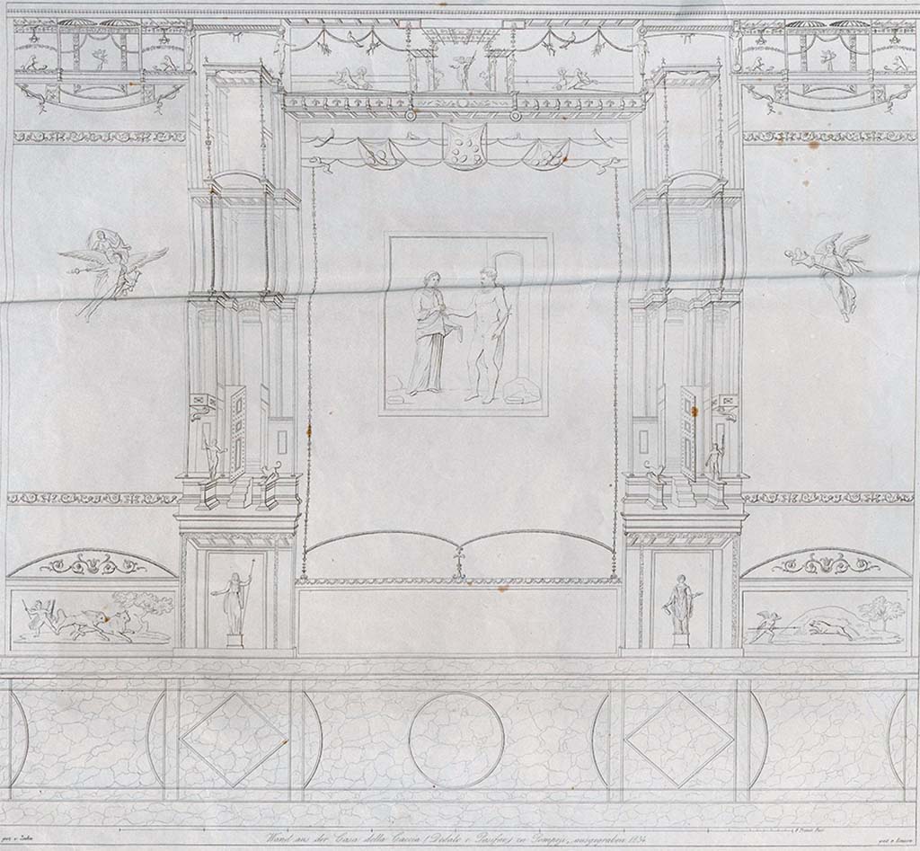 VII.4.48 Pompeii. Pre-1842, drawing by Zahn of east wall of tablinum.
Zahn describes: Wall from the Casa della Caccia (Dedalo e Pasifae) at Pompeii, excavated in 1834.
The main painting on this wall gives us a representation which rarely occurs on ancient monuments.
Theseus, son of Aegeus and Aethra, at the entrance to the labyrinth of Crete, receiving from the Ariadne, the daughter of Minos and Pasiphae, the ball with whose thread he saves himself from the labyrinth after killing the Minotaur. By this deed Theseus freed Athens from the terrible tribute, consisting of seven boys and seven girls. Theseus escaped with Ariadne, but left her on Naxos, where Bacchus, coming from India on his journey, married her.
The counterpart of this painting on the opposite wall of the tablinum represents: Daedalus, who brings to Pasiphae the wooden cow he made, through whose mediation with the bull she gave birth to the Minotaur.
See Zahn, W., 1842-44. Die schönsten Ornamente und merkwürdigsten Gemälde aus Pompeji, Herkulanum und Stabiae: II. Berlin: Reimer, taf. 33.