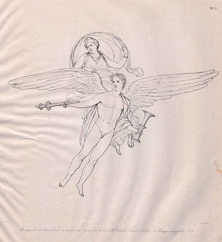 VII.4.48 Pompeii. Pre-December 1858. Drawing by Zahn of floating group from side panel at north end of east wall.
See Zahn, W., 1852-59. Die schönsten Ornamente und merkwürdigsten Gemälde aus Pompeji, Herkulanum und Stabiae: III. Berlin: Reimer, taf. 81.