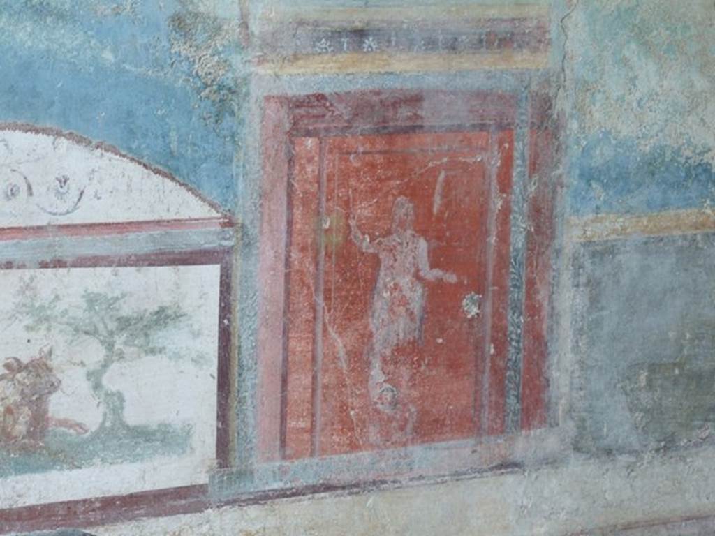 VII.4.48 Pompeii. December 2007. Room 11, detail from east wall of tablinum.
According to Kuivalainen – 
There are four red panels in part of the predella of the west and east wall.
Each panel containing a fully white robed figure, depicting statues of Bacchus based on attributes and the pose of the standing figure. 
The best preserved figure on the west wall holds a patera in the right hand, a thyrsus with a bunch of leaves upwards in the left hand.
See Kuivalainen, I., 2021. The Portrayal of Pompeian Bacchus. Commentationes Humanarum Litterarum 140. Helsinki: Finnish Society of Sciences and Letters, (p.82, A6).

