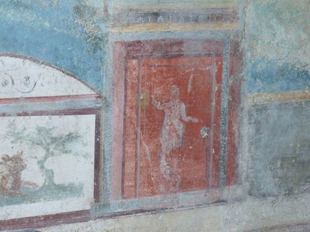 VII.4.48 Pompeii. December 2007. Room 11, detail from east wall of tablinum.
According to Kuivalainen –
There are four red panels in part of the predella of the west and east wall.
Each panel containing a fully white robed figure, depicting statues of Bacchus based on attributes and the pose of the standing figure.
The best preserved figure on the west wall holds a patera in the right hand, a thyrsus with a bunch of leaves upwards in the left hand.
See Kuivalainen, I., 2021. The Portrayal of Pompeian Bacchus. Commentationes Humanarum Litterarum 140. Helsinki: Finnish Society of Sciences and Letters, (p.82, A6).