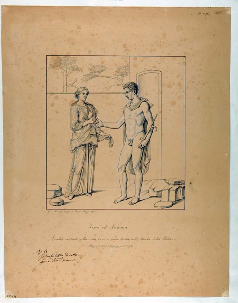 VII.4.48 Pompeii. Room 11, east wall of tablinum.
Drawing by Giuseppe Marsigli, May 1834, of Arianna giving Theseus the ball of thread to exit the labyrinth.
See Helbig, W., 1868. Wandgemälde der vom Vesuv verschütteten Städte Campaniens. Leipzig: Breitkopf und Härtel. (1211).
Now in Naples Archaeological Museum. Inventory number ADS 579.
Photo © ICCD. https://www.catalogo.beniculturali.it/
Utilizzabili alle condizioni della licenza Attribuzione - Non commerciale - Condividi allo stesso modo 2.5 Italia (CC BY-NC-SA 2.5 IT)
