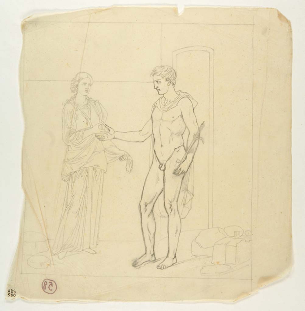 VII.4.48 Pompeii. Room 11, east wall of tablinum. Preparatory drawing attributed to Giuseppe Marsigli, but not signed.
Now in Naples Archaeological Museum. Inventory number ADS 580.
Photo © ICCD. https://www.catalogo.beniculturali.it/
Utilizzabili alle condizioni della licenza Attribuzione - Non commerciale - Condividi allo stesso modo 2.5 Italia (CC BY-NC-SA 2.5 IT)