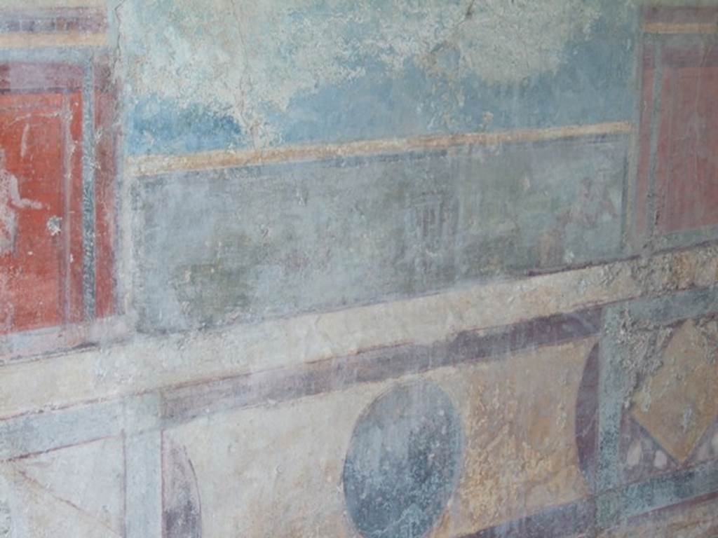 VII.4.48 Pompeii. December 2007.
Room 11, detail from centre of east wall of tablinum, with the Nile landscape in the predella, now very faded.