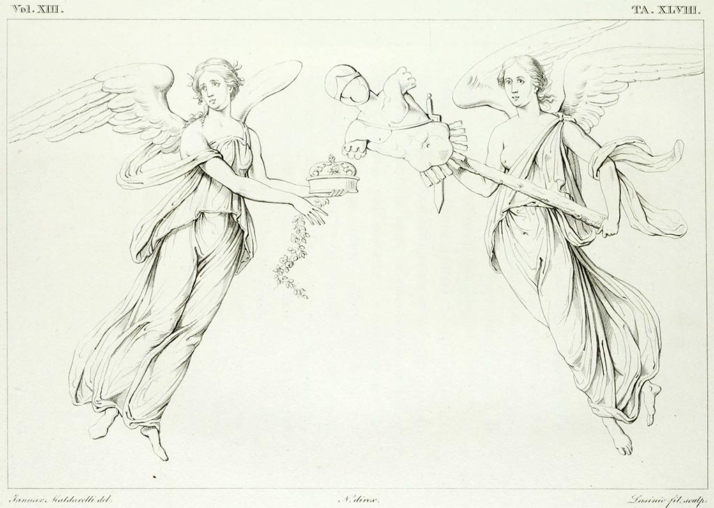 VII.4.48 Pompeii. Pre 1843. Drawing by Gennaro Maldarelli of two floating figures.
Room 11, the one on the right from the south end of the east wall of the tablinum.
The one on the left from the south end of the west wall in the tablinum.
See Real Museo Borbonico, vol. XIII (13), 1843, Tav. XLVIII (48).

