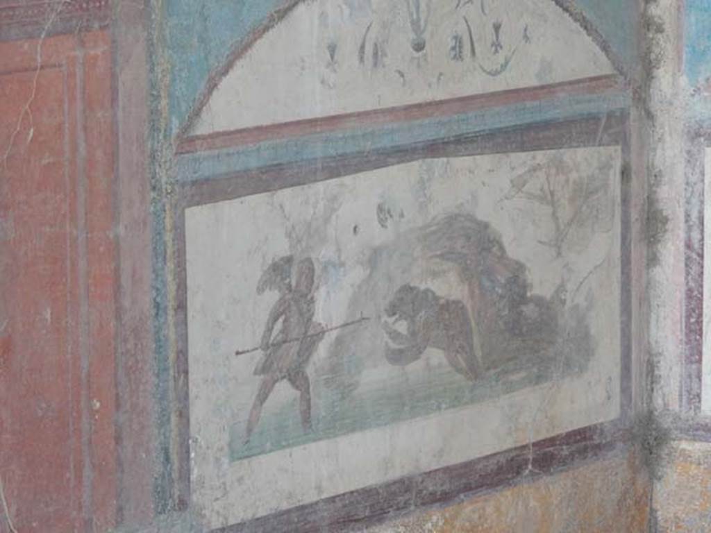 VII.4.48 Pompeii. May 2015. Room 11, detail from east wall of tablinum in south-east corner. Photo courtesy of Buzz Ferebee.
