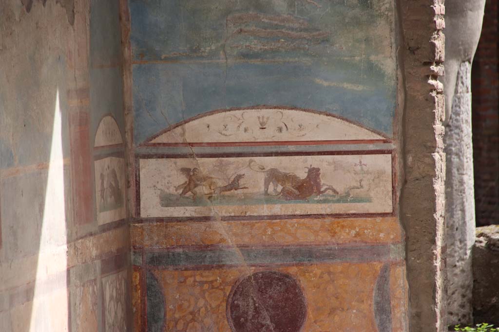 VII.4.48 Pompeii. October 2020. Room 11, detail from zoccolo/dado of south wall in south-east corner of tablinum.
Photo courtesy of Klaus Heese.