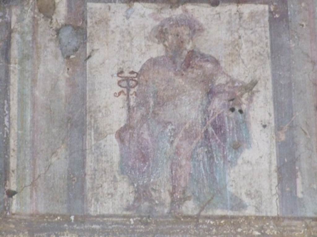 VII.4.48 Pompeii. December 2007. Room 13, ala. Detail of wall painting on upper west wall, Mercurius with caduceus, hat and winged sandals.