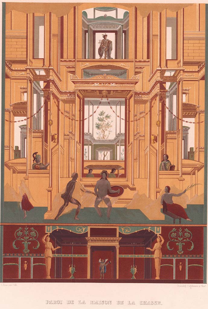 VII.4.48 Pompeii. Pre-1846. Room 13, painting of west wall, by Raoul Rochette.
See Raoul-Rochette M., 1846. Choix de Peintures de Pompei. Paris : L’Imprimerie Royale, (pl.12).
According to Zahn, in the centre of the wall was a painting of Ulysses discovering Achilles.
See Zahn, W., 1842-44. Die schönsten Ornamente und merkwürdigsten Gemälde aus Pompeji, Herkulanum und Stabiae: II. Berlin: Reimer, (pl.80 for plan, however note that his plan shows the room next to the west ala (our room 14) as being empty of paintings, whereas this is the room that has the paintings of Leda, Danae and Venus, which he has shown as being in the next cubiculum (our room 15) in the north-west corner of the atrium, which is in fact empty of decorations).