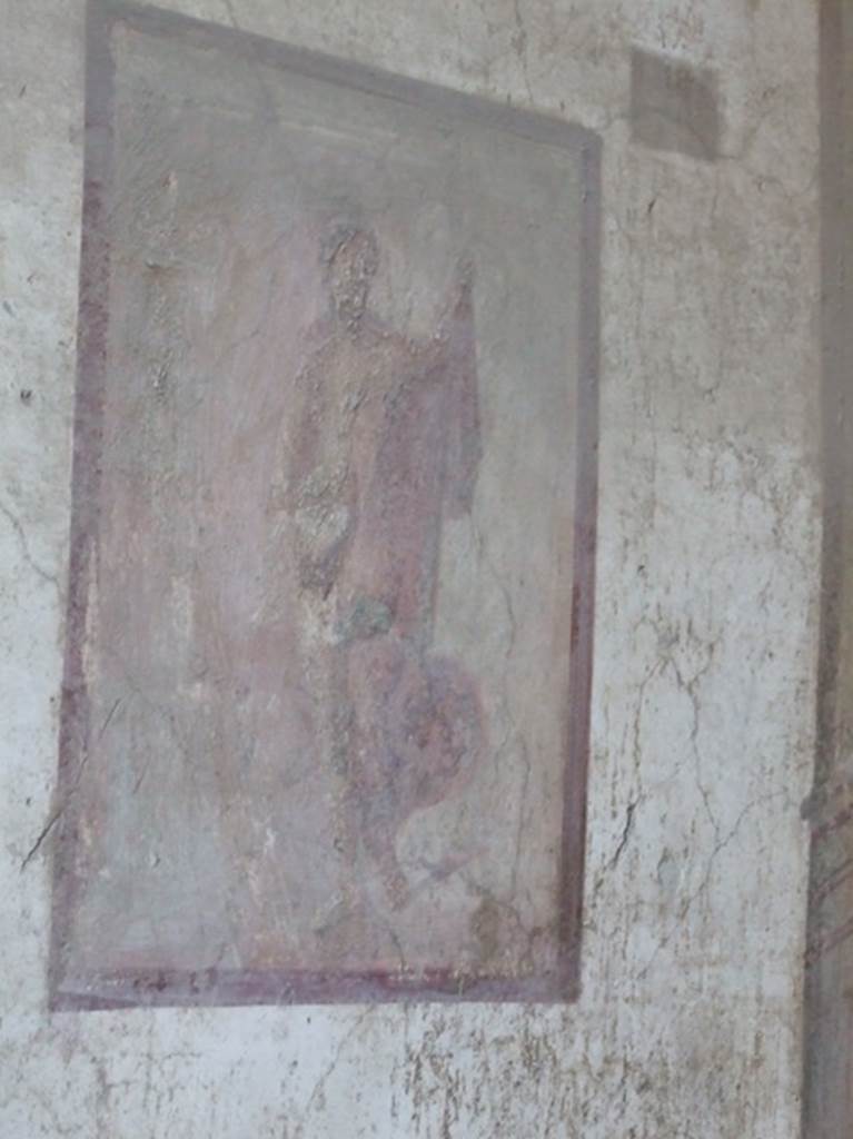 VII.4.48 Pompeii. December 2007. Room 14, centre panel of south wall of cubiculum. Wall painting of Leda and the swan.