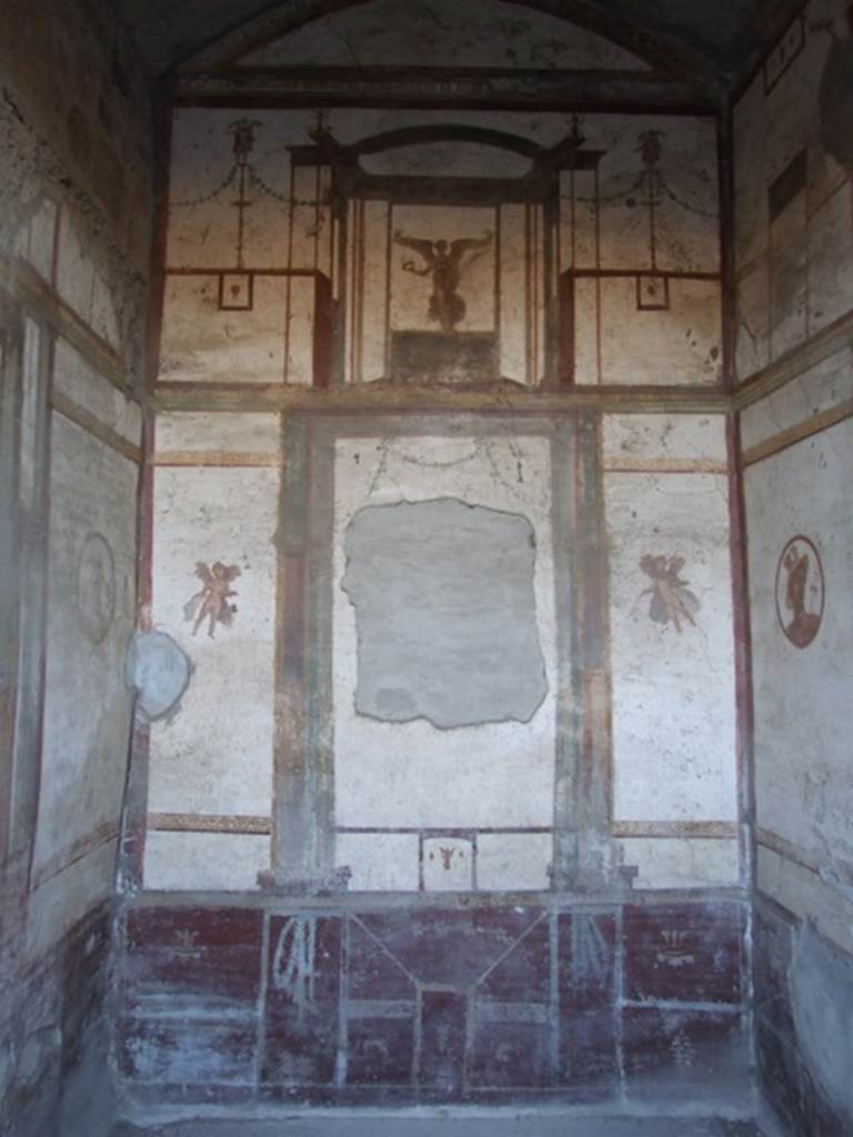 VII.4.48 Pompeii. December 2007. Room 14. West wall. Central wall painting of Danae, removed to Naples Museum.