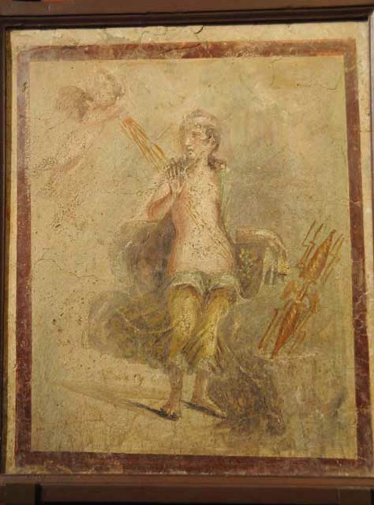 VII.4.48 Pompeii. Room 14, west wall of cubiculum. Wall painting of Danae and the Golden shower of Zeus.
Now in Naples Archaeological Museum, inventory number 9549.
See Helbig, W., 1868. Wandgemälde der vom Vesuv verschütteten Städte Campaniens. Leipzig: Breitkopf und Härtel. (116).
See Real Museo Borbonico XI, 1835, (Pl 21).