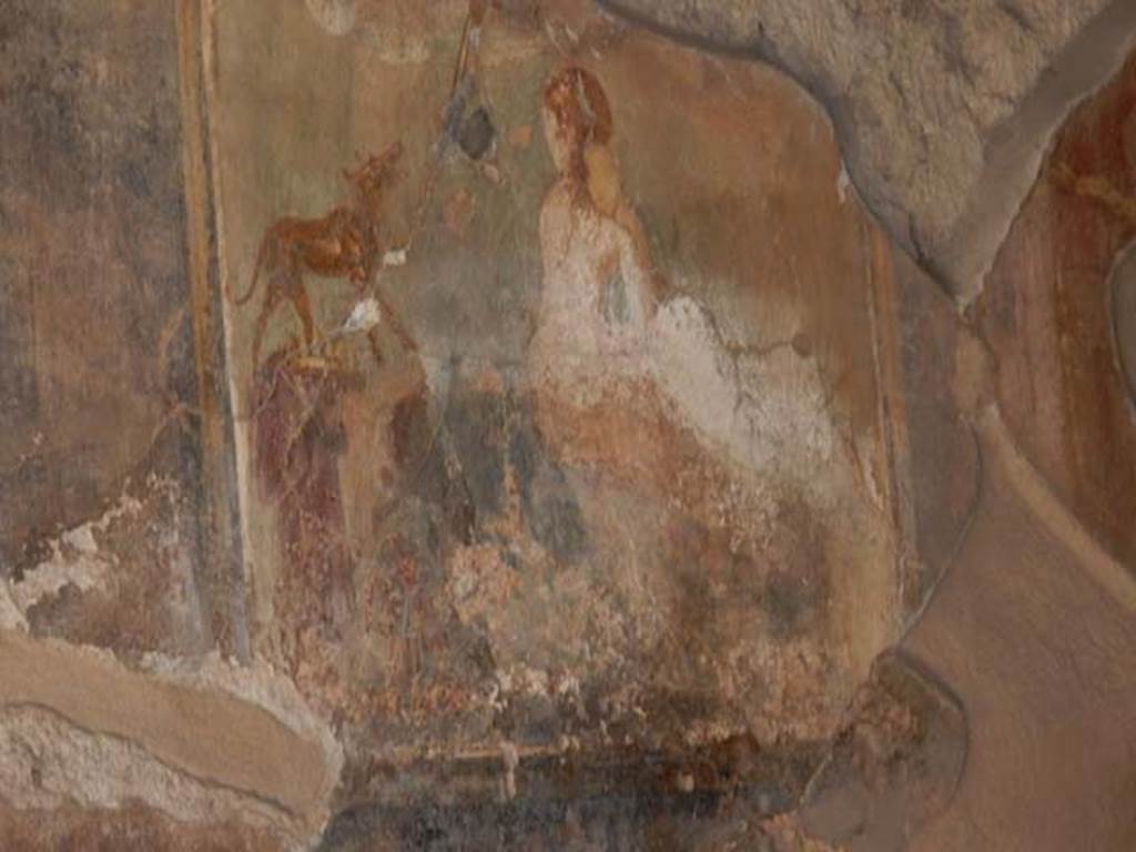VII.4.48 Pompeii. May 2015. Room 18, detail from central painting on north wall.
Photo courtesy of Buzz Ferebee.