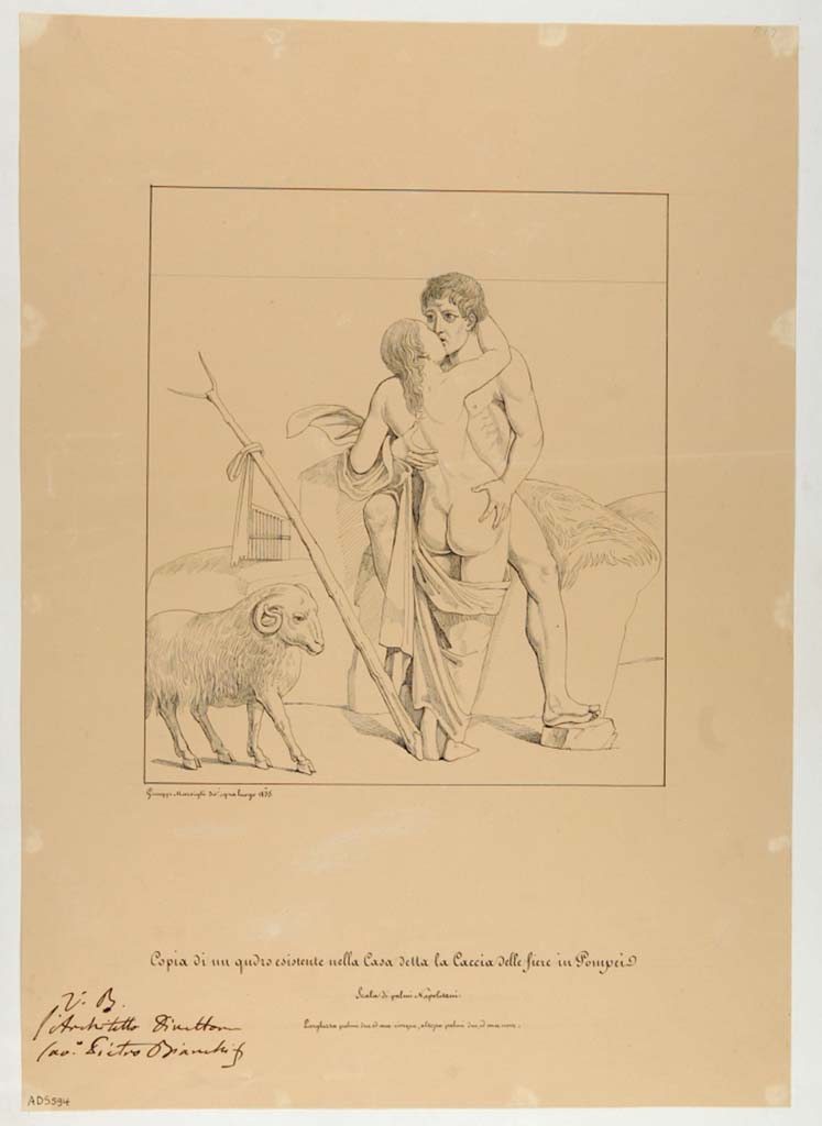 VII.4.48 Pompeii. Room 18, drawing by Giuseppe Marsigli, 1835, of central painting from south wall of Polyphemus and Galatea.
Now in Naples Archaeological Museum. Inventory number ADS 594.
Photo © ICCD. http://www.catalogo.beniculturali.it
Utilizzabili alle condizioni della licenza Attribuzione - Non commerciale - Condividi allo stesso modo 2.5 Italia (CC BY-NC-SA 2.5 IT)