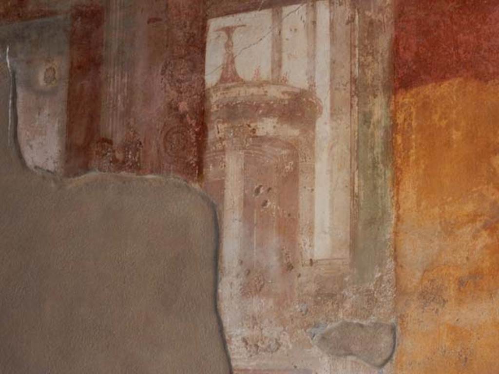 VII.4.48 Pompeii. May 2015. Room 18, detail from west side of central missing wall painting. Photo courtesy of Buzz Ferebee.