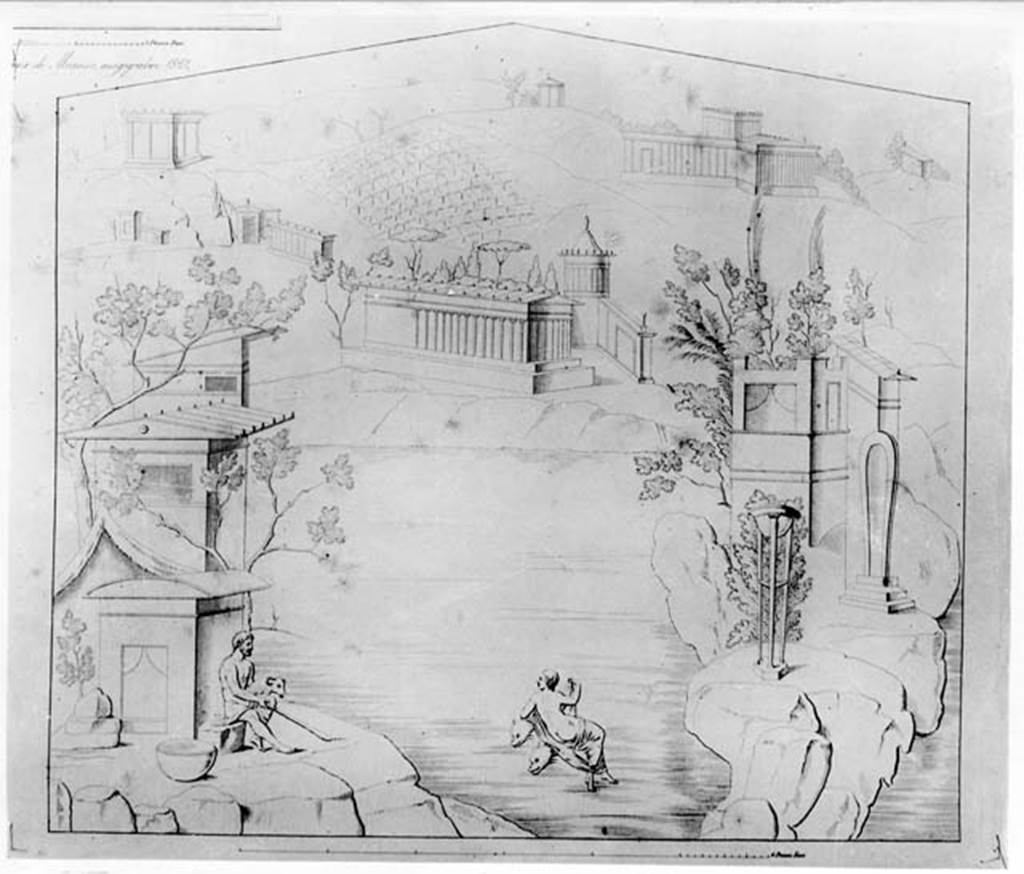 VI.4.48 Pompeii. W.24. Drawing of wall painting of Polyphemus and Galatea, which would have been seen on the south end of the west wall.
See Helbig, W., 1868. Wandgemälde der vom Vesuv verschütteten Städte Campaniens. Leipzig: Breitkopf und Härtel, (1043).
Photo by Tatiana Warscher. Photo © Deutsches Archäologisches Institut, Abteilung Rom, Arkiv.
See Zahn, W., 1852. Die schönsten Ornamente und merkwürdigsten Gemälde aus Pompeji, Herkulanum und Stabiae: III. Berlin: Reimer, (pl.48, pre-October 1852).