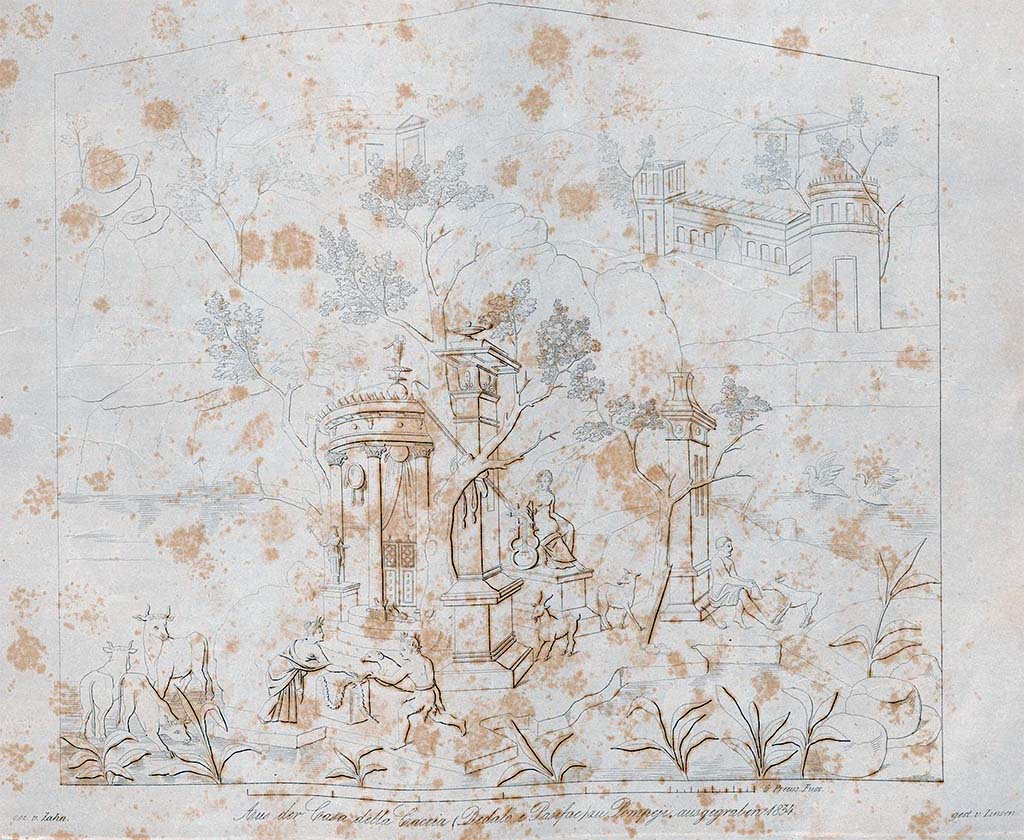 VII.4.48 Pompeii. 1834. Drawing by Zahn of painting found on a wall on the right side of the peristyle at the rear.
It represents a historical landscape, with buildings, sacrifices, etc.
Most of the buildings are reddish: the small temple in the foreground is white with reddish shadows and yellow decorations; the figure of the woman occupied with the sacrifice has a purple drapery.
See Zahn, W., 1842-44. Die schönsten Ornamente und merkwürdigsten Gemälde aus Pompeji, Herkulanum und Stabiae: II. Berlin: Reimer, taf. 60.