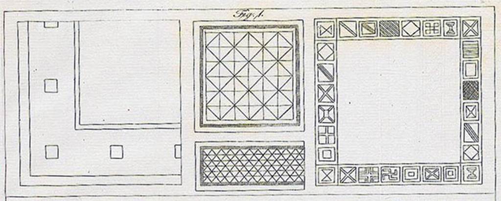 VII.4.59 Pompeii. 1840 drawing of mosaic floor patterns, tablinum l.
See Avellino F., 1843. Descrizione di una casa disotterrata in Pompei negli anni 1832, 1833 e 1834., Napoli, Memorie della R. Acc. Ercolanese III, 1843, Tav II, fig. 1.
See Hanoune R., A and M De Vos, 1985. Gli acquarelli pompeiani di F. Boulanger [Casa dei Bronzi, Casa del labirinto], MEFRA 1985. p. 867, fig. 16. 
