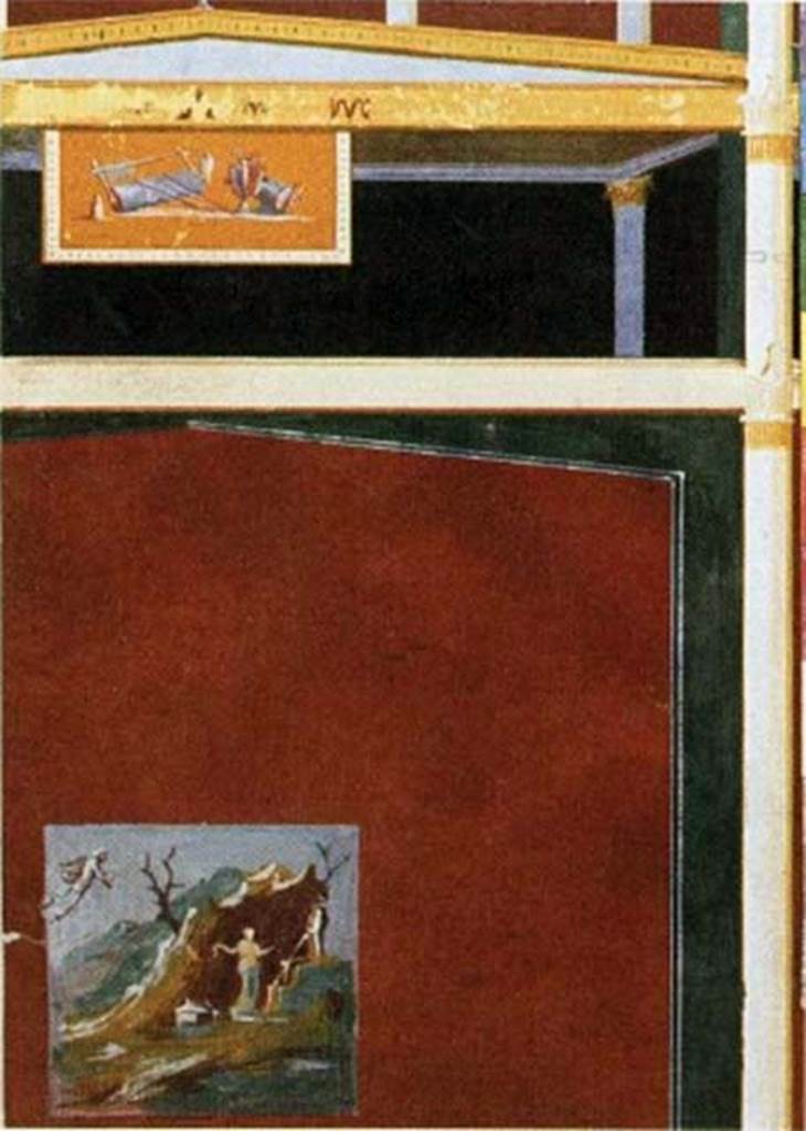 VII.4.59 Pompeii. 1837 painting by Boulanger, oecus m, west wall.
Detail of fresco of Perseus and Andromeda.