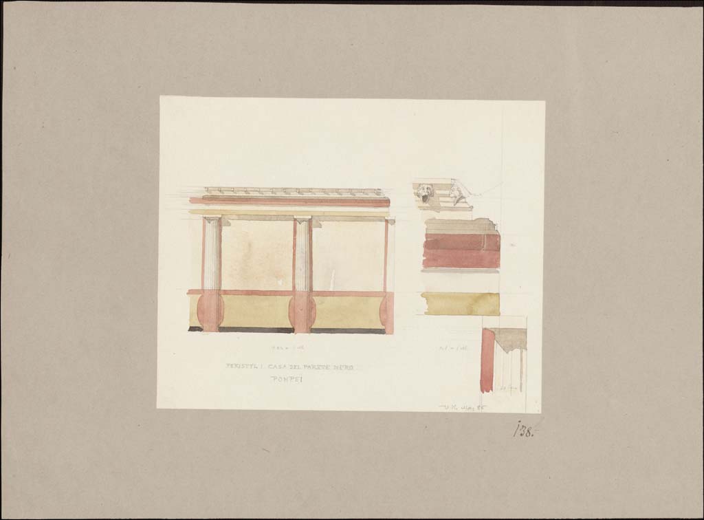 VII.4.59 Pompeii. May 1885. Painting by Valdemar Koch (1852-1902), detail of wall of peristyle.
Photo © Danmarks Kunstbibliotek inv no ark_17624.