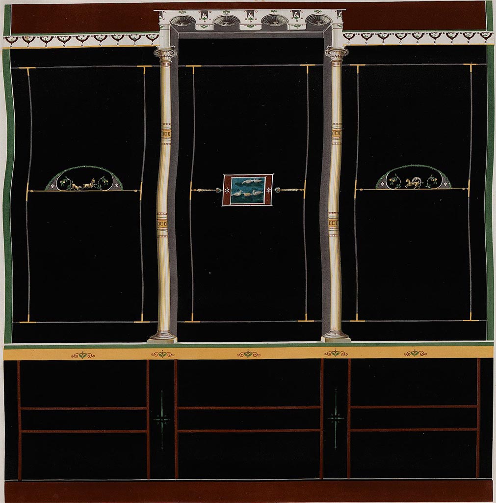 VII.4.59 Pompeii. House of the Black Wall. Peristyle o, east wall of the north porticus.
See Zahn, W., 1842. Die schönsten Ornamente und merkwürdigsten Gemälde aus Pompeji, Herkulanum und Stabiae: II. Berlin: Reimer, Taf. II, 55.