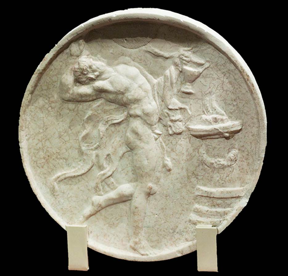VII.4.59 Pompeii. Peristyle o, double sided oscillum (side A) with a satyr.
On the reverse is a maenad.
Now in Naples Archaeological Museum. Inventory number 6641.