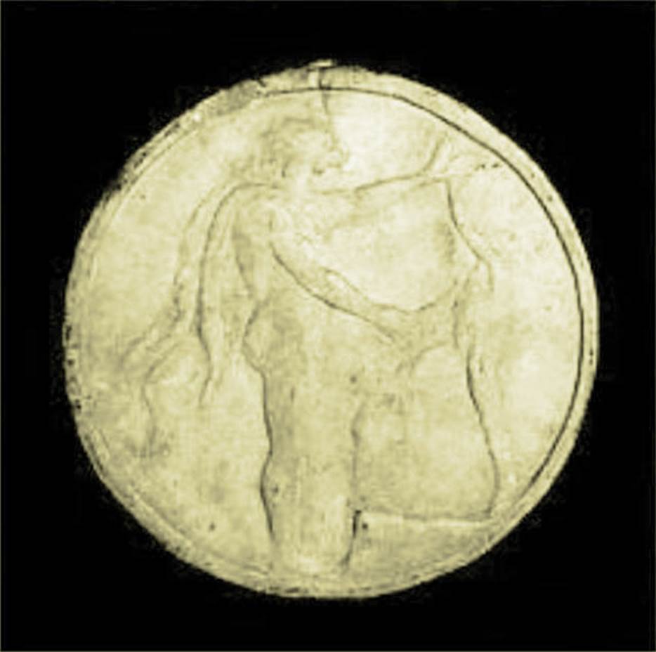VII.4.59 Pompeii. Peristyle o, double sided oscillum (side A) with two satyrs dancing.
Now in Naples Archaeological Museum. Inventory number 6643.