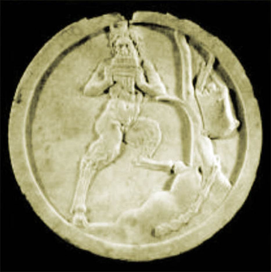 VII.4.59 Pompeii. Peristyle o, double sided oscillum (side B) with Pan.
Now in Naples Archaeological Museum. Inventory number 6647.