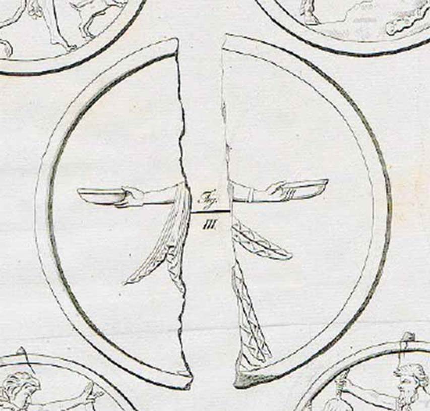 VII.4.59 Pompeii. Peristyle O, 1840 drawing of two sides of a fragment of a double sided oscillum. The oscillum was of archaic design, with a female figure on each side. Now in Naples Archaeological Museum. Inventory number s.n. See Avellino F., 1843. Descrizione di una casa disotterrata in Pompei negli anni 1832, 1833 e 1834., Napoli, Memorie della R. Acc. Ercolanese III, 1843, Tav V, fig. III.