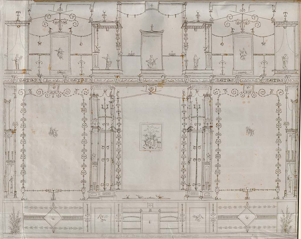 VII.4.59 Pompeii. Exedra or triclinium y, west wall. The painting of cupids playing with the attributes of Aphrodite can be seen in the centre panel.
See Zahn, W., 1852. Die schönsten Ornamente und merkwürdigsten Gemälde aus Pompeji, Herkulanum und Stabiae: III. Berlin: Reimer. Taf II, 53.
According to Curtius there were four paintings each of an identical stylistic layout with the attributes of Hera, Aphrodite, Ares and Athena.
See Curtius, L., 1972. Die Wandmalerei Pompejis. New York: Hildesheim, p. 397-8.
According to Staub-Gierow,
The central images, of which two have survived, the third has partly survived and a fourth, apart from a brief mention by Curtius, is completely unknown, all allude to different gods, but do not depict them. They are each scenes in which cupids and psyches play with the attributes of the gods Mars or Minerva, Juno and Venus. Curtius speaks of four images, and for Hera and Aphrodite gives two of the four pictures and says the other two contain the game with helmet and shield, the weapons of Ares and Athena. Unfortunately, he does not say how he knows the fourth picture. Avellino does not elaborate on the decoration of the exedra. Fiorelli mentions three pictures with sacrifices made in honour of the three goddesses, Juno, Pallas, and Venus who took part in the judgment of Paris. Fiorelli's detailed description of three images and the fact that only these three exist in copies make it doubtful that Curtius really knew four Pinakes. It is entirely conceivable that the image associated by most with Mars could allude to Minerva as well, as Fiorelli claims. If we assume that there were originally four pictures, and then the question arises as to which motif could have been missing. Paris alone is difficult to imagine, especially since he always appears with the three goddesses in the well-known illustrations. In addition, the gods are never depicted in the central paintings, only their attributes - a possibility that cannot be imagined for a Paris depiction. But speculation doesn't help here either: Even if the three known images were to be connected with Juno, Venus and Minerva - instead of Mars - we still don't know how the fourth would be imagined. If we look at the combination of Venus, Mars and Juno, one could imagine an image associated with a Jupiter sacrifice as a counterpart to the one with the attributes of Juno.
See Staub-Gierow, M., 2000. Casa della Parete Nera: Hauser in Pompeji, Band 10. München: Hirmer Verlag, p. 79.