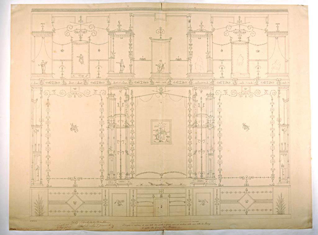 VII.4.59 Pompeii. Exedra or triclinium y, west wall. 1836 drawing by Giuseppe Abbate of triclinium wall with black background.
According to ICCD, the drawing reproduces a wall decoration in IV style.
The plinth is divided into rectangular panels of various sizes decorated with plant motifs, rhombuses in which leonine heads, cornices, garlands and swans are inserted; there follows the median area composed of side panels with rich floral framing in which groups of figures are inserted in flight and a central panel with "pinax" depicting a scene with sacrificial cupids; architectural scenes with candelabras separate the panels from the central area and statues of divinities, one of which is probably Dionysus, are placed in front of the open door at the base of the architectural wings of the extremities. The upper area is occupied by compartments connected by perforated borders, garlands and trabeations; inside the central aedicula Danae is sitting, while in the others there are offerants and figures in flight.
It was left in situ and has now vanished.
Now in Naples Archaeological Museum. Inventory number ADS 672.
Photo © ICCD. https://www.catalogo.beniculturali.it/
Utilizzabili alle condizioni della licenza Attribuzione - Non commerciale - Condividi allo stesso modo 2.5 Italia (CC BY-NC-SA 2.5 IT)
Kuivalainen comments –
“The identification of the statue as a young almost naked Bacchus is supported by the whole set of different divinities, along with his characteristic attributes”.
See Kuivalainen, I., 2021. The Portrayal of Pompeian Bacchus. Commentationes Humanarum Litterarum 140. Helsinki: Finnish Society of Sciences and Letters, (p.97, B6).