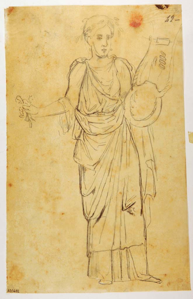 VII.4.59 Pompeii. Exedra or triclinium y, upper west wall at south end. Drawing by Giuseppe Marsigli, of female figure with lyre and plectrum.
The same subject in Museo Borbonico XI, tav. XXXI, was signed by La Volpe.
Now in Naples Archaeological Museum. Inventory number ADS 682.
Photo © ICCD. http://www.catalogo.beniculturali.it
Utilizzabili alle condizioni della licenza Attribuzione - Non commerciale - Condividi allo stesso modo 2.5 Italia (CC BY-NC-SA 2.5 IT)