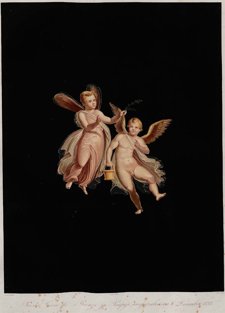 VII.4.59 Pompeii, discovered 4th December 1833. Painting by Zahn.
According to Zahn, this is a painting of the flying group, Cupid and Psyche, which was found on the south end of the richly painted west wall which he had outlined in Plate No.53, above.
See Zahn, W., 1842-44. Die schönsten Ornamente und merkwürdigsten Gemälde aus Pompeji, Herkulanum und Stabiae: II. Berlin: Reimer, taf. 57.