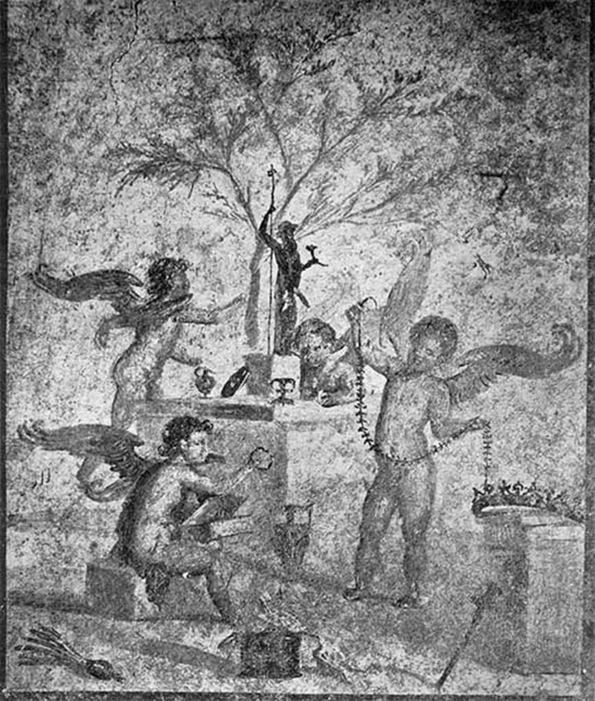 VII.4.59 Pompeii. Exedra or triclinium y, west wall.
Cupids playing with the attributes of Aphrodite next to a statue of Priapus. From photo by G. Sommer 6552?.
Now in Naples Archaeological Museum.
See Bragantini, de Vos, Badoni, 1986. Pitture e Pavimenti di Pompei, Parte 3. Rome: ICCD, p. 148.
According to Maiuri, the exedra was damaged in the bombing of 1943 and had lost much of its glory.
During the restoration the paintings with the cupids were removed and deposited in the Antiquarium:
See Maiuri, A., 1998 ed., Pompei ed Ercolano: Fra Case ed Abitanti, Firenze: Giunti, p 195-203.
