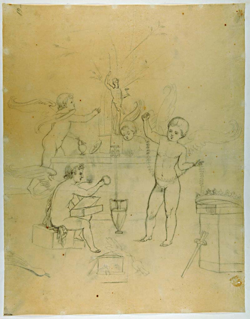 VII.4.59 Pompeii. Drawing of Cupids playing with the attributes of Aphrodite next to a statue of Priapus
Found on the west wall of Exedra or triclinium y.
See Real Museo Borbonico, XI, 1835, Tav. XVI, signed by La Volpe.
Now in Naples Archaeological Museum. Inventory number ADS 674.
Photo © ICCD. https://www.catalogo.beniculturali.it/
Utilizzabili alle condizioni della licenza Attribuzione - Non commerciale - Condividi allo stesso modo 2.5 Italia (CC BY-NC-SA 2.5 IT)