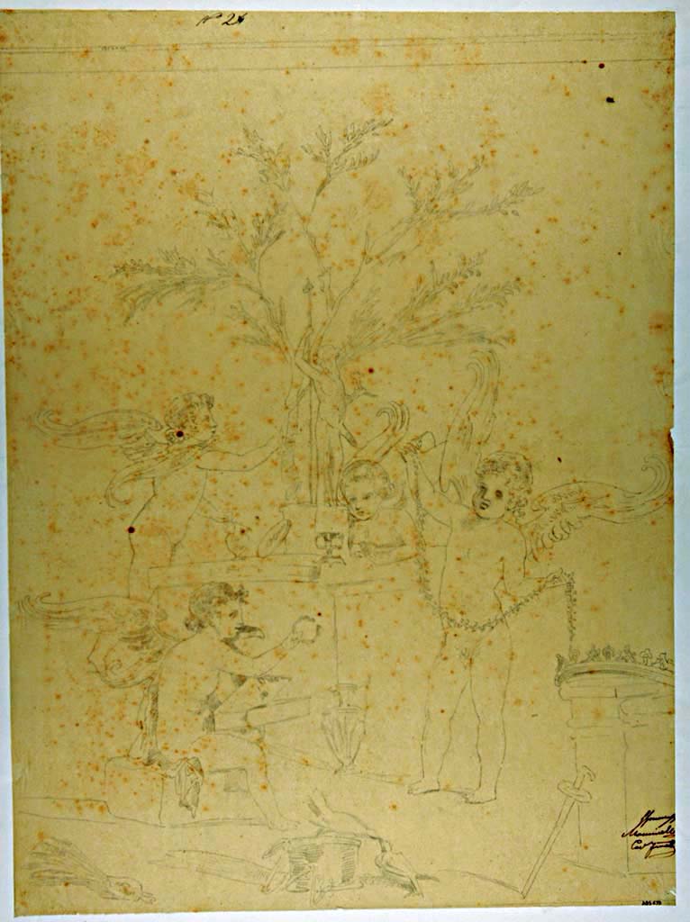 VII.4.59 Pompeii. Drawing of Cupids playing with the attributes of Aphrodite next to a statue of Priapus
Found on the west wall of Exedra or triclinium y.
Drawing attributed to Michele Mastracchio.
Now in Naples Archaeological Museum. Inventory number ADS 673.
Photo © ICCD. https://www.catalogo.beniculturali.it/
Utilizzabili alle condizioni della licenza Attribuzione - Non commerciale - Condividi allo stesso modo 2.5 Italia (CC BY-NC-SA 2.5 IT)